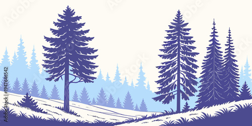A serene winter landscape with pine trees on a snowy hill Vector