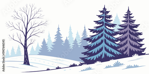 A snowy landscape with pine trees and a leafless tree Vector