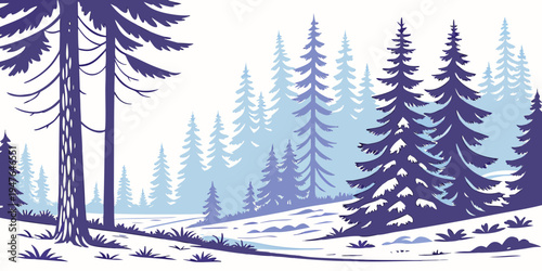 A snowy forest with pine trees on a hill Vector