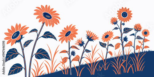 A group of orange sunflowers standing tall Vector