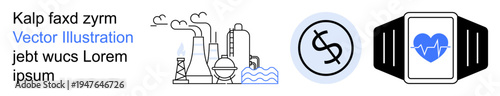 Environmental pollution, industry operations, economic systems, wearable health technology, sustainability, modern innovations. Industrial plant with smoke, currency sign fitness tracker. Industry