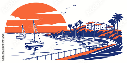 A serene coastal scene with a dock and sailboats Vector