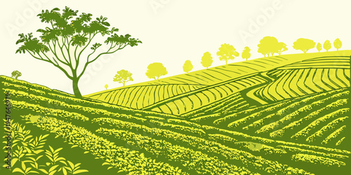 A green tree on a hill with yellow flowers Vector