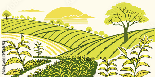 A green landscape with rolling hills and trees Vector