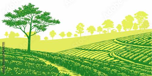 A tree on a green hillside with trees in the background Vector