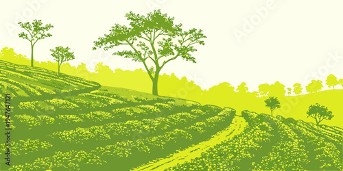 A green hillside with a tree on top Vector