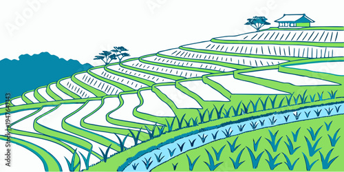 A scenic view of rice terraces with a body of water Vector