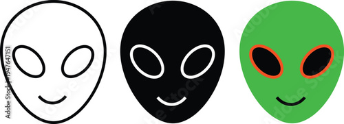 Three smiling alien faces in white black and green colors smiling aliens white alien
