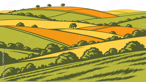 A green and yellow landscape with fields and trees Vector