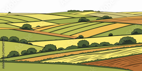 A landscape of rolling hills and fields with trees Vector