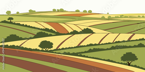 A landscape of rolling hills and fields with trees Vector