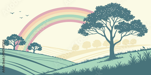A rainbow appears in the sky over a green landscape Vector