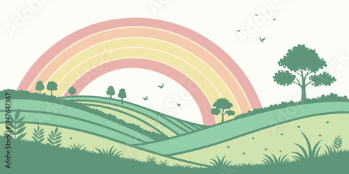 A colorful rainbow over rolling hills and trees Vector