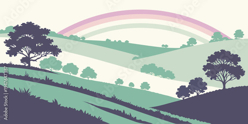 A landscape with a rainbow over rolling hills and trees Vector