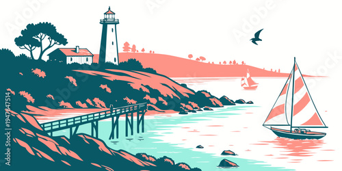 A sailboat near a lighthouse on a rocky coastline Vector