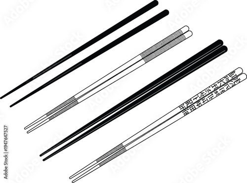 Chopsticks vector set with traditional Asian wooden chopsticks different styles isolated line illustration for Japanese Chinese Korean food utensils