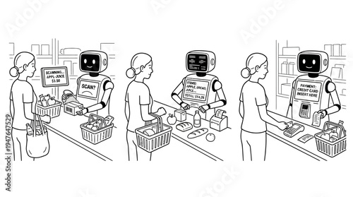 Robot Cashier Processing Groceries at Checkout