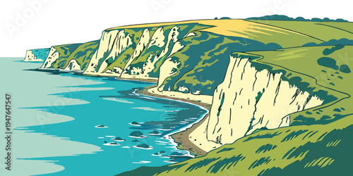 A scenic cliffside by the ocean with green grass Vector