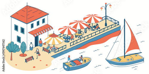A large boat with people on a beach next to a building Vector