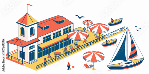 A colorful beachside building with a sailboat and umbrellas Vector
