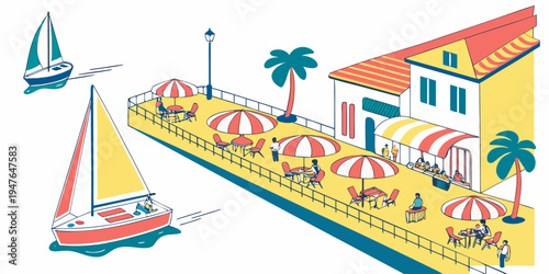 A colorful illustration of a beachside restaurant Vector