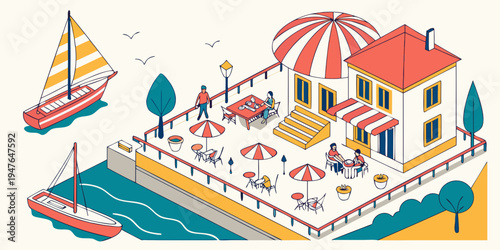 A colorful cartoon pier with a restaurant and a sailboat Vector