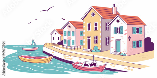 A colorful illustration of a small coastal town with boats Vector