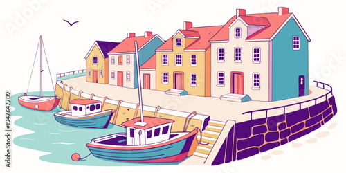 A colorful harbor with boats and buildings Vector