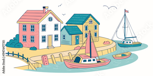 A colorful illustration of a small coastal town with boats Vector