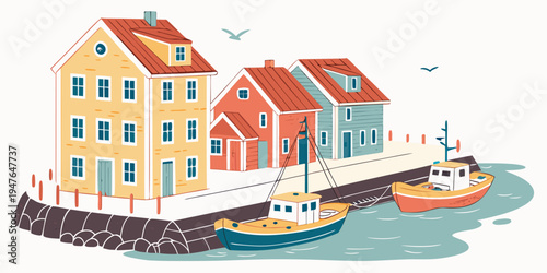 A colorful illustration of a harbor with boats and buildings Vector