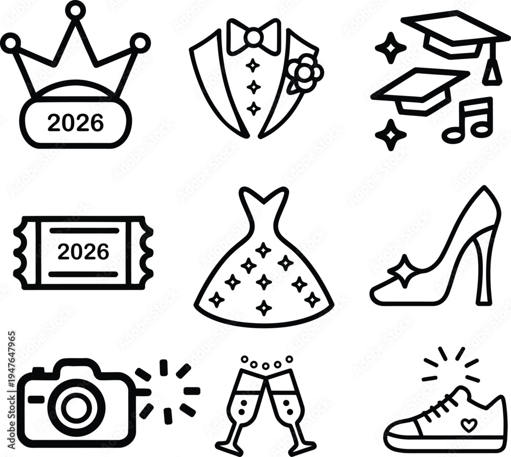 Fototapeta premium Prom Class of 2026 Line Icons Set