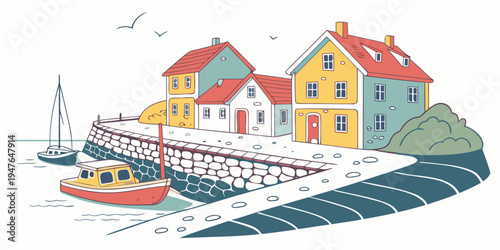 A colorful illustration of a seaside village with a boat Vector