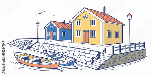 A yellow house with a boat on the shore Vector