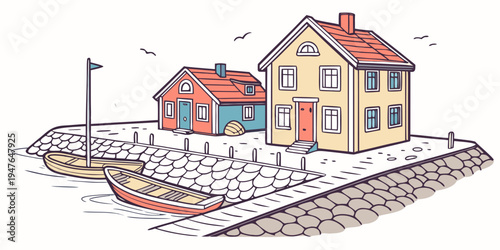 A cartoon drawing of a house and a boat on the water Vector