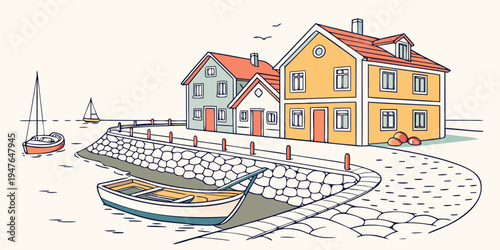 A colorful illustration of a harbor with boats and houses Vector
