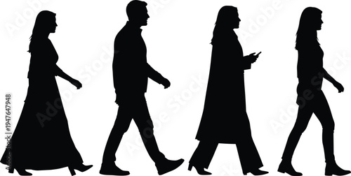 People walking silhouettes men and women side view walking pedestrians black silhouette isolated vector illustration collection