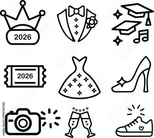 Prom Class of 2026 Line Icons Set