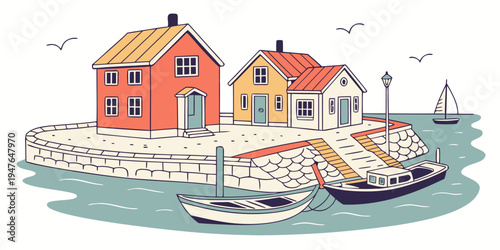A small harbor with colorful houses and boats Vector