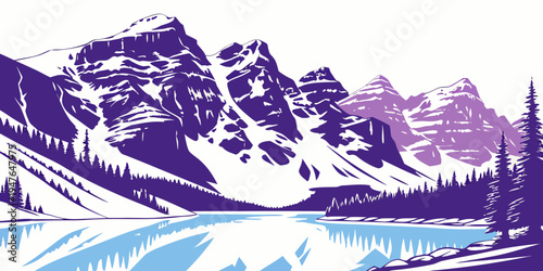 Snowy mountain range with lake and trees Vector