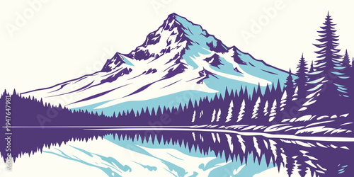 A mountain landscape with a lake and trees Vector