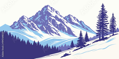 Snowy mountain landscape with trees Vector
