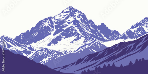 Snowy mountain range with trees in foreground Vector