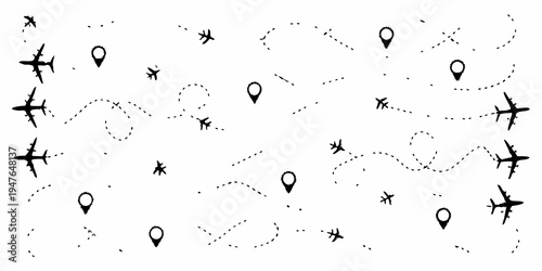 Black and white illustration of airplanes and dotted travel paths
