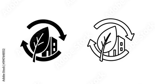 Eco city sustainable living icon with house leaf and recycling arrows symbol