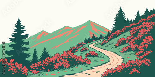 A winding road through a mountainous landscape with red flowers Vector