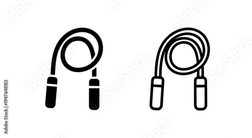 Jump rope fitness icon set: black solid and outline skipping rope symbols for workout
