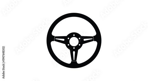Simple black silhouette of a classic steering wheel against a white background