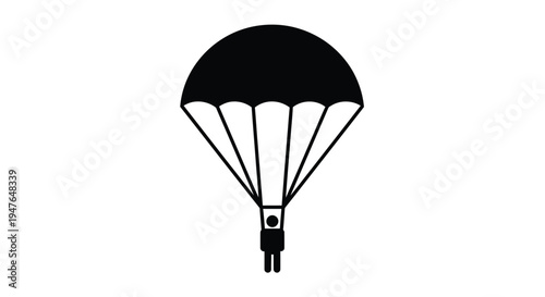 A simple black and white illustration of a skydiver with a parachute