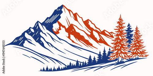 Snowy mountain landscape with pine trees Vector