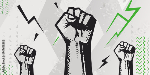 Raised fists symbolize resistance power and solidarity against oppression